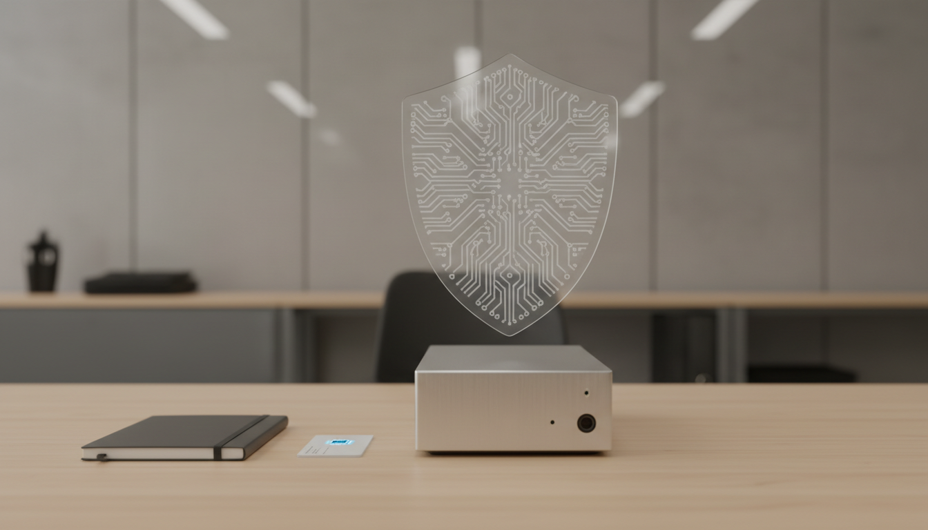 An elegant, translucent acrylic shield with a subtle frosted circuit pattern floats above a minimalist, brushed aluminum desktop server tower. On the desk sits a sleek, closed notepad and a single stylized keycard. The background is a neutral-toned, softly blurred office wall, providing unobtrusive structure. Soft, diffused overhead lighting bathes the scene, creating a quiet glow and clean ambience with minimal reflections. The composition is rule-of-thirds, with the shield just off-center, evoking a sense of protection and balance. The mood is calm and secure, reinforcing the professional, structured identity of a cyber security hub. Presented in crisp, photographic realism with a clean, corporate aesthetic.