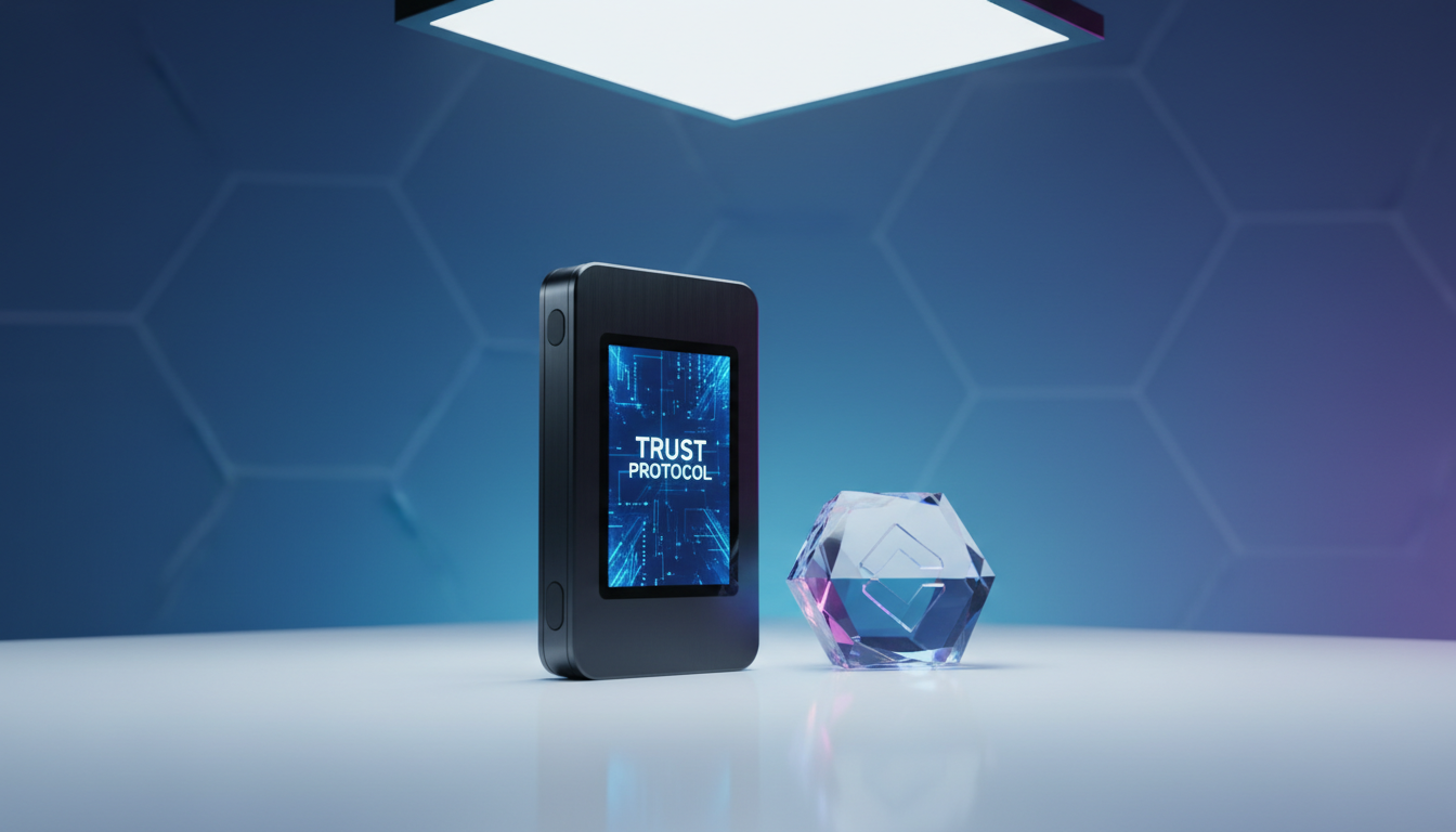 A high-tech, modern crypto wallet device with anodized black aluminum casing and an illuminated blue display screen, standing upright on a pristine white resin tabletop. Next to it rests a geometric, translucent crystal in the shape of a symbolic coin. The surface is sharply organized, with no visible clutter. Cool, diffused light from an overhead LED panel softly highlights the device, casting gentle long shadows toward the rear. The mood is focused, forward-thinking, and secure, encouraging confidence in digital asset protection. Shot from a low, slightly off-center angle with a deep, structured background gradient, achieving a striking, minimalist composition that fits a professional cyber security resource website.