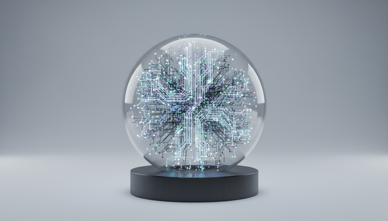 An oversized, detailed, transparent sphere showcasing a complex network of glowing data nodes and circuit lines within, representing the internet's digital infrastructure. The sphere is placed on a dark, brushed metal platform against a seamless light-gray background, exuding precision and organization. Cool, evenly-distributed studio lighting produces clean highlights across the glass and subtle internal reflections, giving depth without distraction. The compositional focus is centered with sharp clarity throughout, embodying the robust, interconnected world of cyber security. The mood is inspiring and empowering—inviting viewers to imagine secure participation in a digital age. The clean, photographic approach and corporate tones reinforce the professional educational mission.